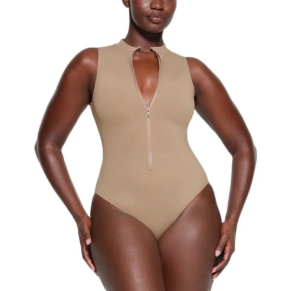 NWT Skims 3X SWIM ZIP FRONT SLEEVELESS ONE PIECE Desert Tan